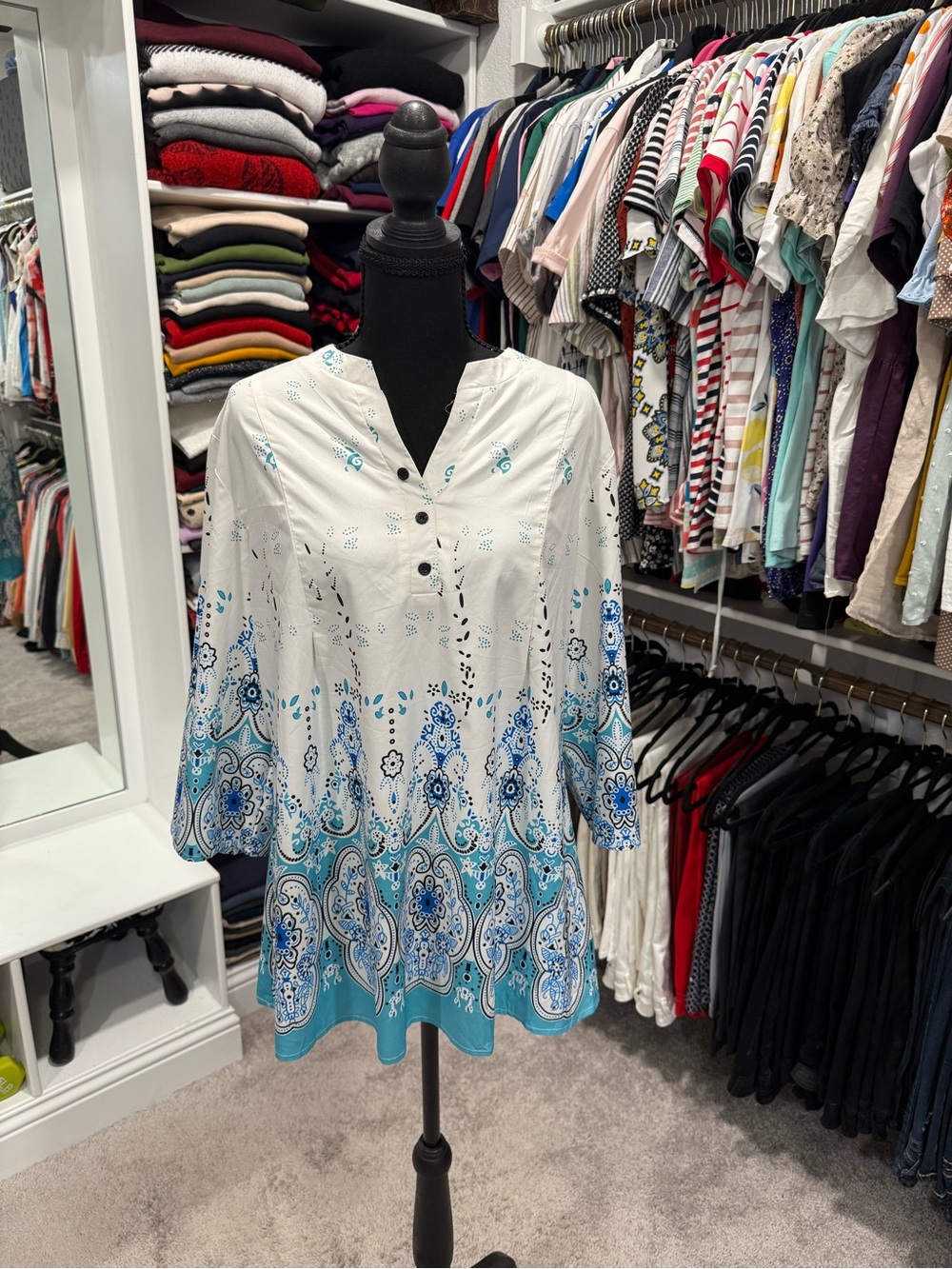 Ty White Tunic with Blue Paisley Border Print
